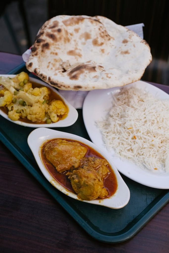 Plates with various food on tray